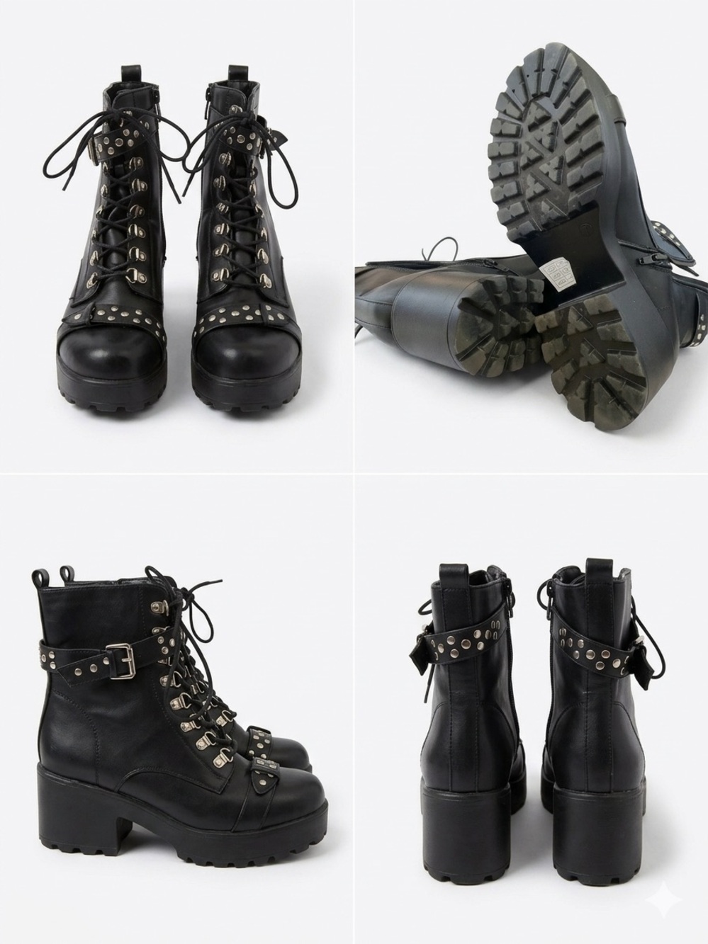 Black Studded Lace-Up Chunky Platform Ankle Boots - Women Size 7